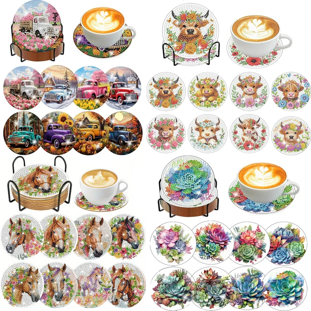 8 pieces/set of diamond painted coasters set acrylic mandala coasters (with holder) - DIY diamond art craft kit for home decorat