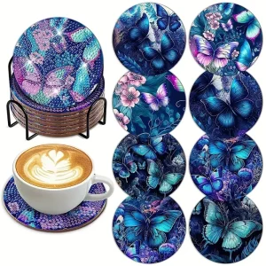 8-piece/set butterfly diamond painted coaster set, sparkling rhinestone heat-resistant beverage coaster with stand DIY coaster f