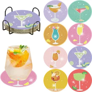 8 pieces of diamond art painting coasters with brackets, DIY ocean series diamond art coasters, suitable for adults and beginner