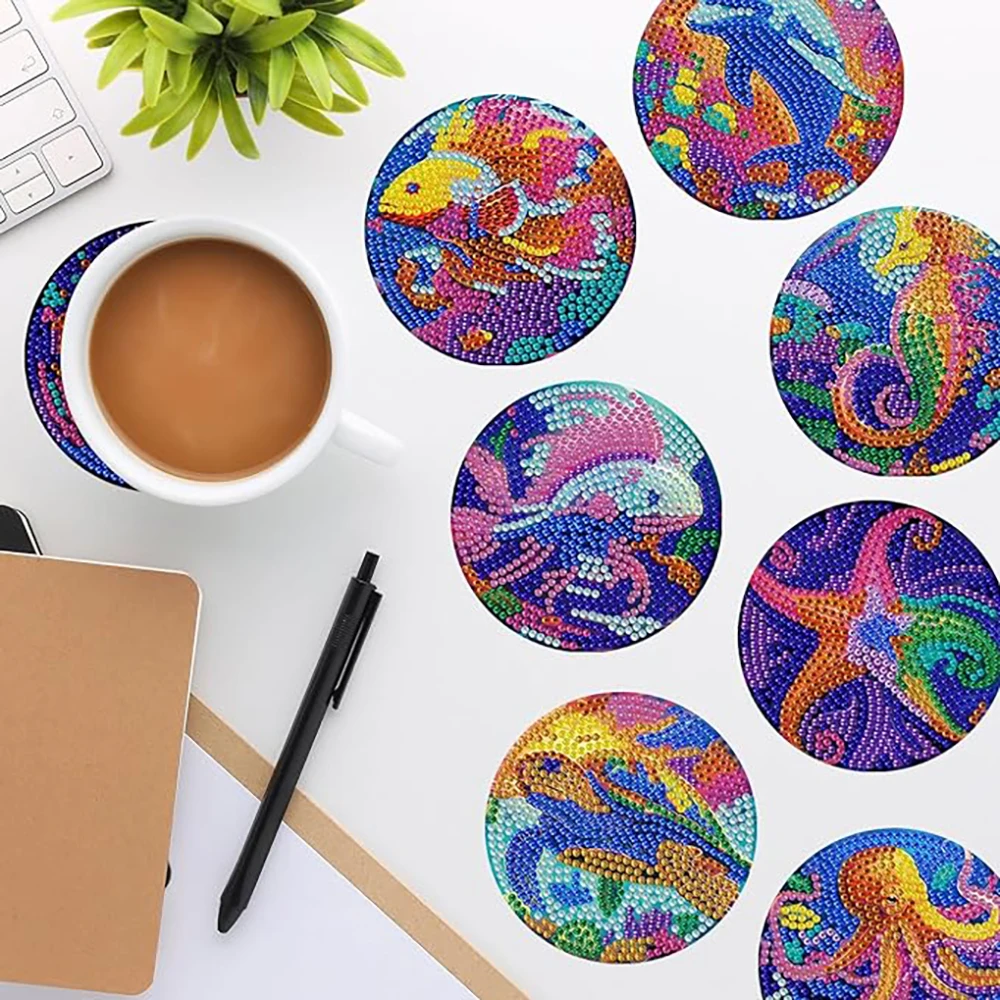8 pieces/set of marine life diamond painted coaster set, sparkling water diamond heat-resistant beverage coaster with stand DIY - Image 4