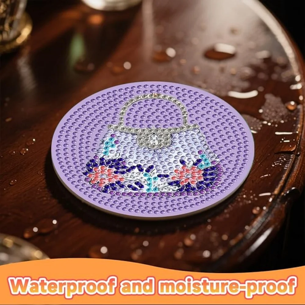 8 pieces/set of stone art painting coasters with brackets, DIY women's bag pattern diamond art coasters, suitable for adults and - Image 5
