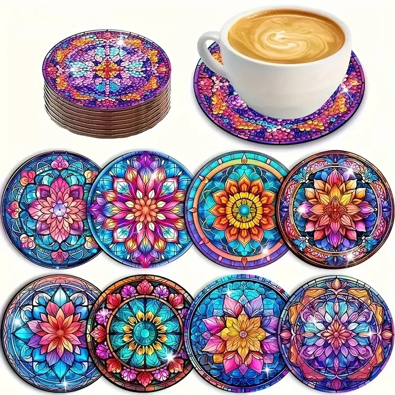 8 pieces/set of diamond painted coasters set acrylic mandala coasters (with holder) - DIY diamond art craft kit for home decorat