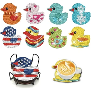 8 pieces/set of duck patterned diamond painted coaster set, sparkling rhinestone heat-resistant beverage mat with holder DIY coa
