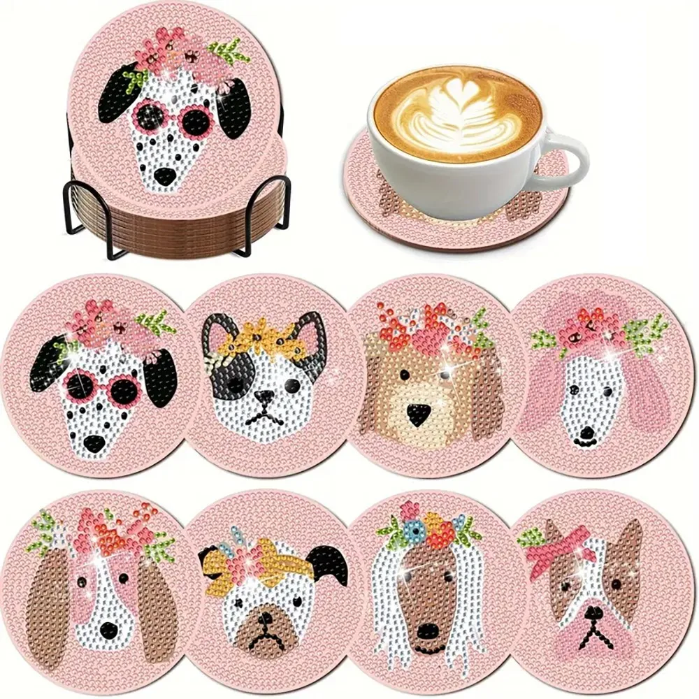 8 pieces/set of diamond painted coasters set acrylic animal pattern coasters (with holder) - DIY diamond art craft kit for home