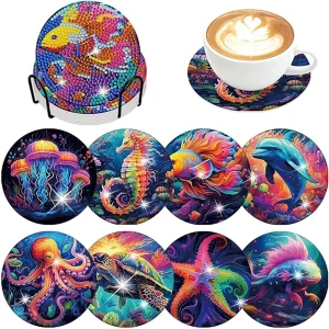 8 pieces/set of marine life diamond painted coaster set, sparkling water diamond heat-resistant beverage coaster with stand DIY