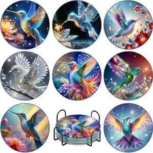 8 pieces of diamond art painting coasters with brackets, DIY bird patterned diamond art coasters, suitable for both adults and b