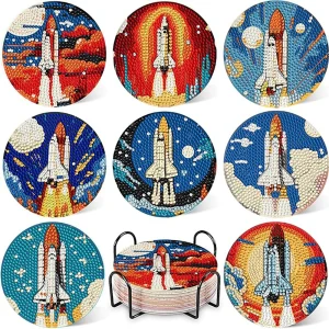 8 pieces/set Rocket Diamond Painted Cup Cushion Set Sparkling Water Diamond Heat Resistant Beverage Cushion with Stand DIY Cup C