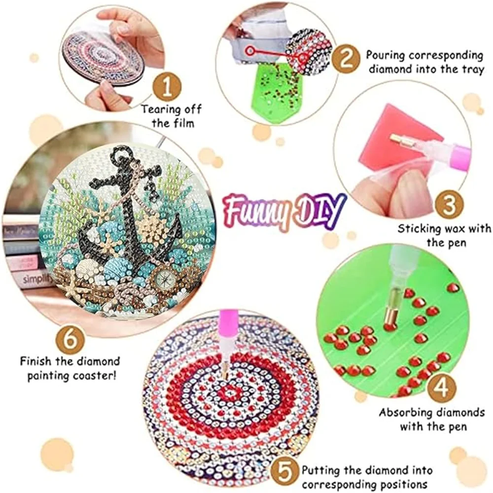 8 pieces/set of seaside scenery pattern diamond painted coaster set sparkling rhinestone heat-resistant beverage mat with bracke - Image 4