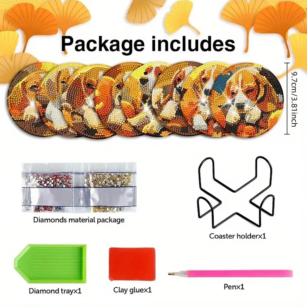 8 pieces/set of animal puppy diamond painting coaster set, DIY coaster with holder for beginners, art and craft gift - Image 4