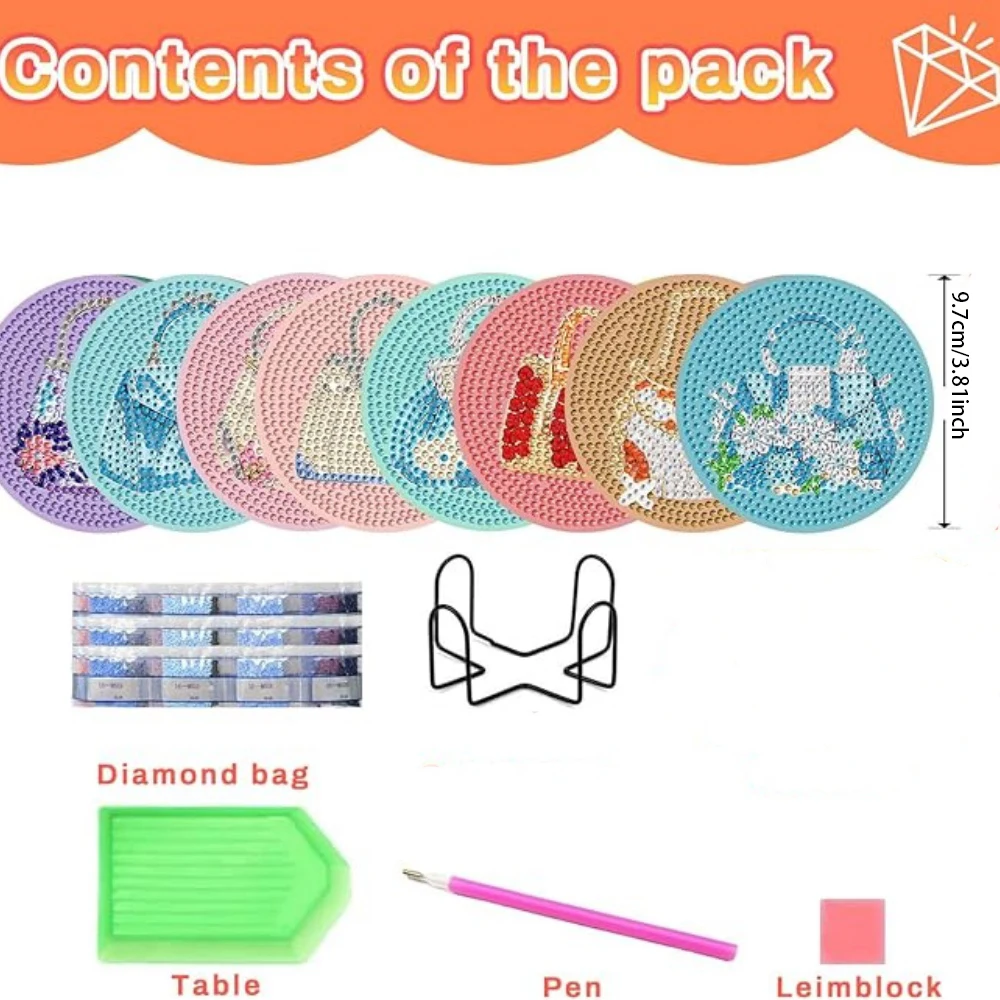8 pieces/set of stone art painting coasters with brackets, DIY women's bag pattern diamond art coasters, suitable for adults and - Image 2