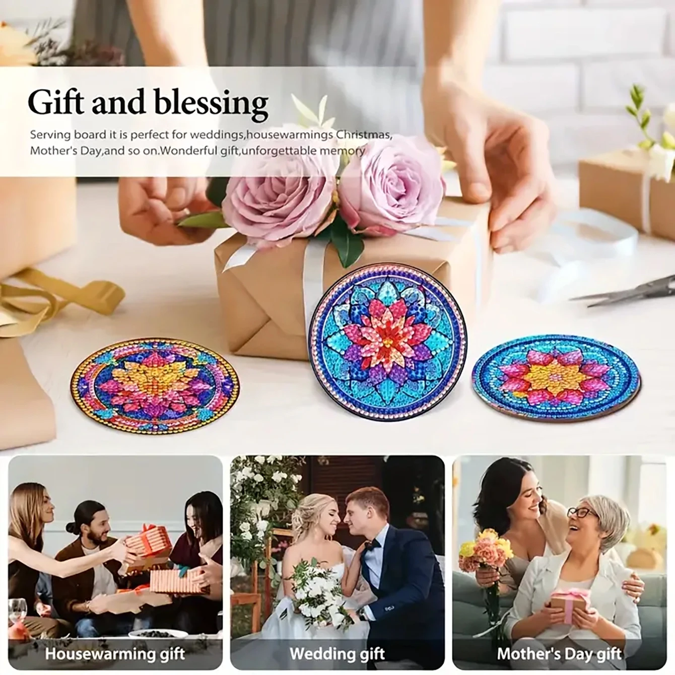 8 pieces/set of diamond painted coasters set acrylic mandala coasters (with holder) - DIY diamond art craft kit for home decorat - Image 4
