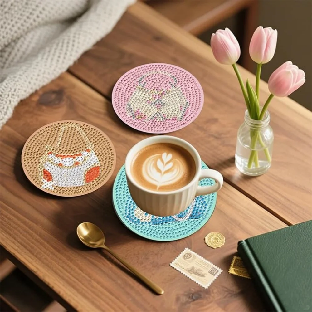8 pieces/set of stone art painting coasters with brackets, DIY women's bag pattern diamond art coasters, suitable for adults and - Image 6