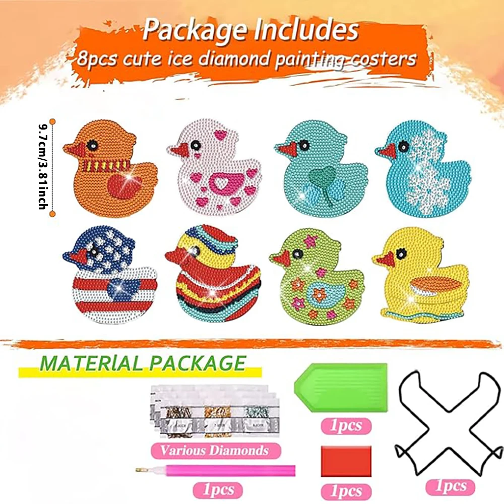 8 pieces/set of duck patterned diamond painted coaster set, sparkling rhinestone heat-resistant beverage mat with holder DIY coa - Image 2