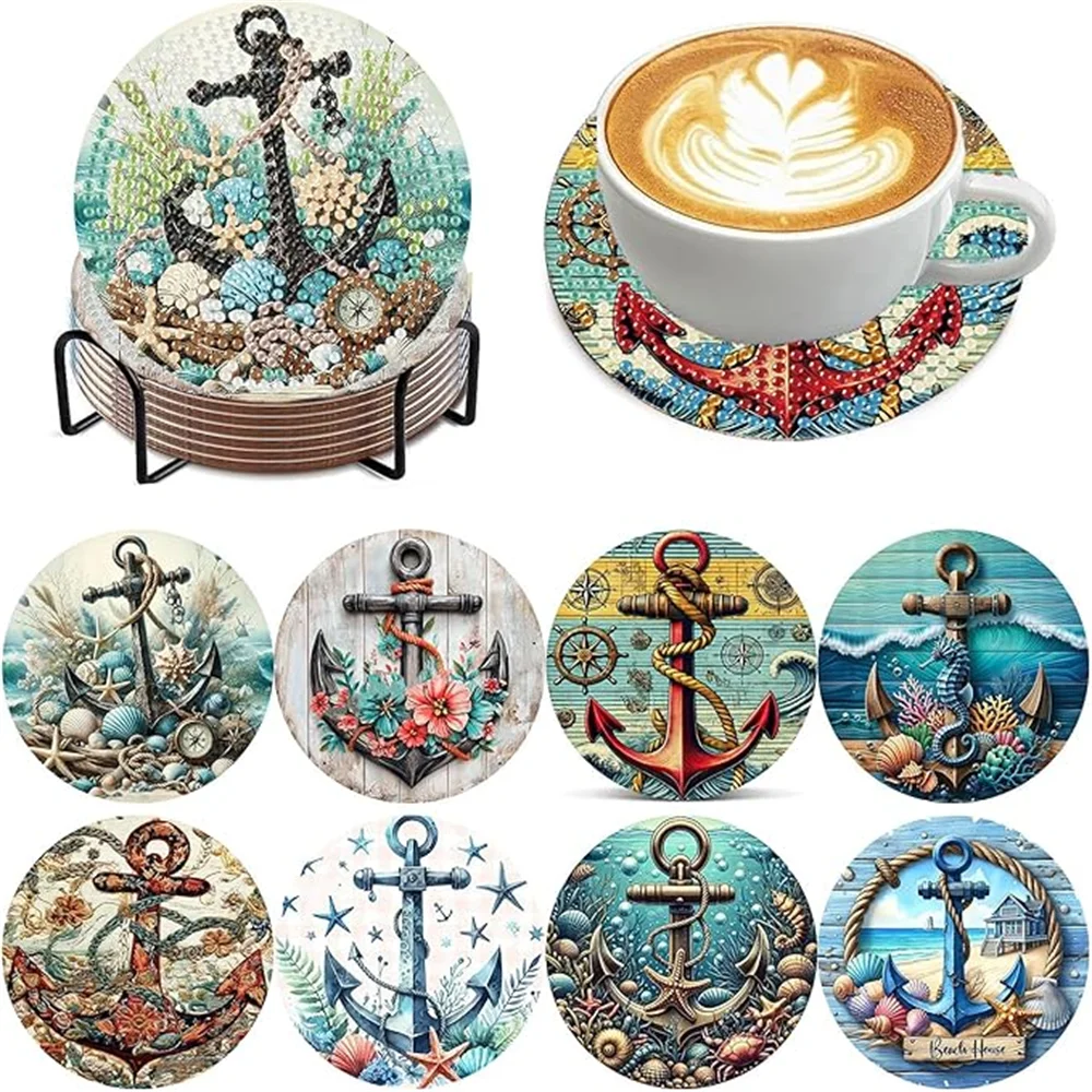 8 pieces/set of seaside scenery pattern diamond painted coaster set sparkling rhinestone heat-resistant beverage mat with bracke