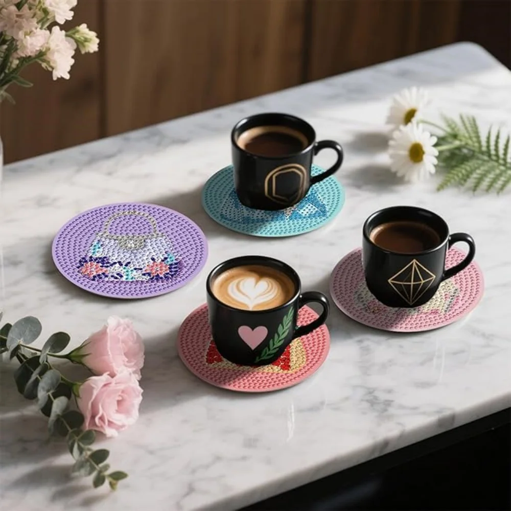 8 pieces/set of stone art painting coasters with brackets, DIY women's bag pattern diamond art coasters, suitable for adults and - Image 4