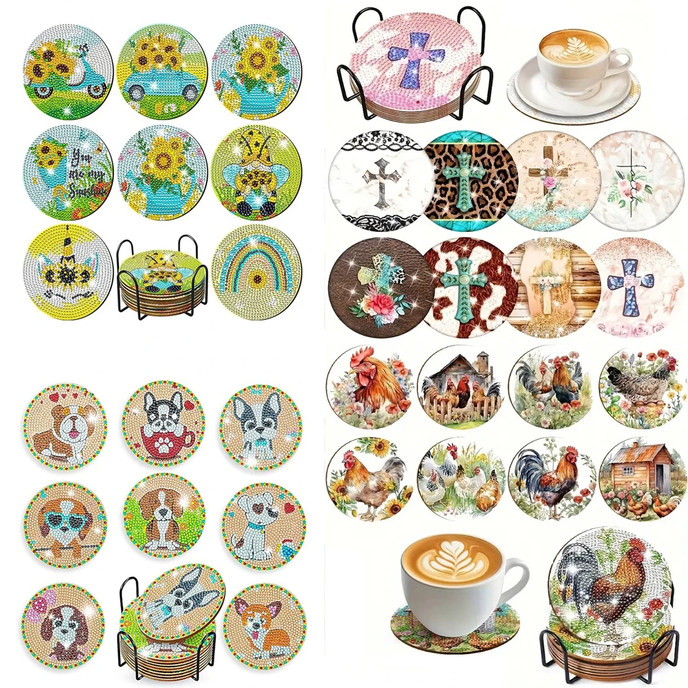 8 pieces/set of diamond painted coasters set acrylic coasters (with bracket) - DIY diamond art craft kit for home decoration, be