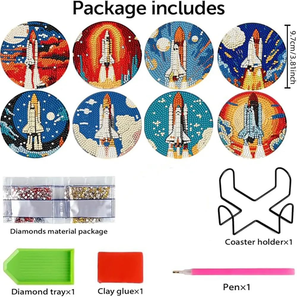 8 pieces/set Rocket Diamond Painted Cup Cushion Set Sparkling Water Diamond Heat Resistant Beverage Cushion with Stand DIY Cup C - Image 5