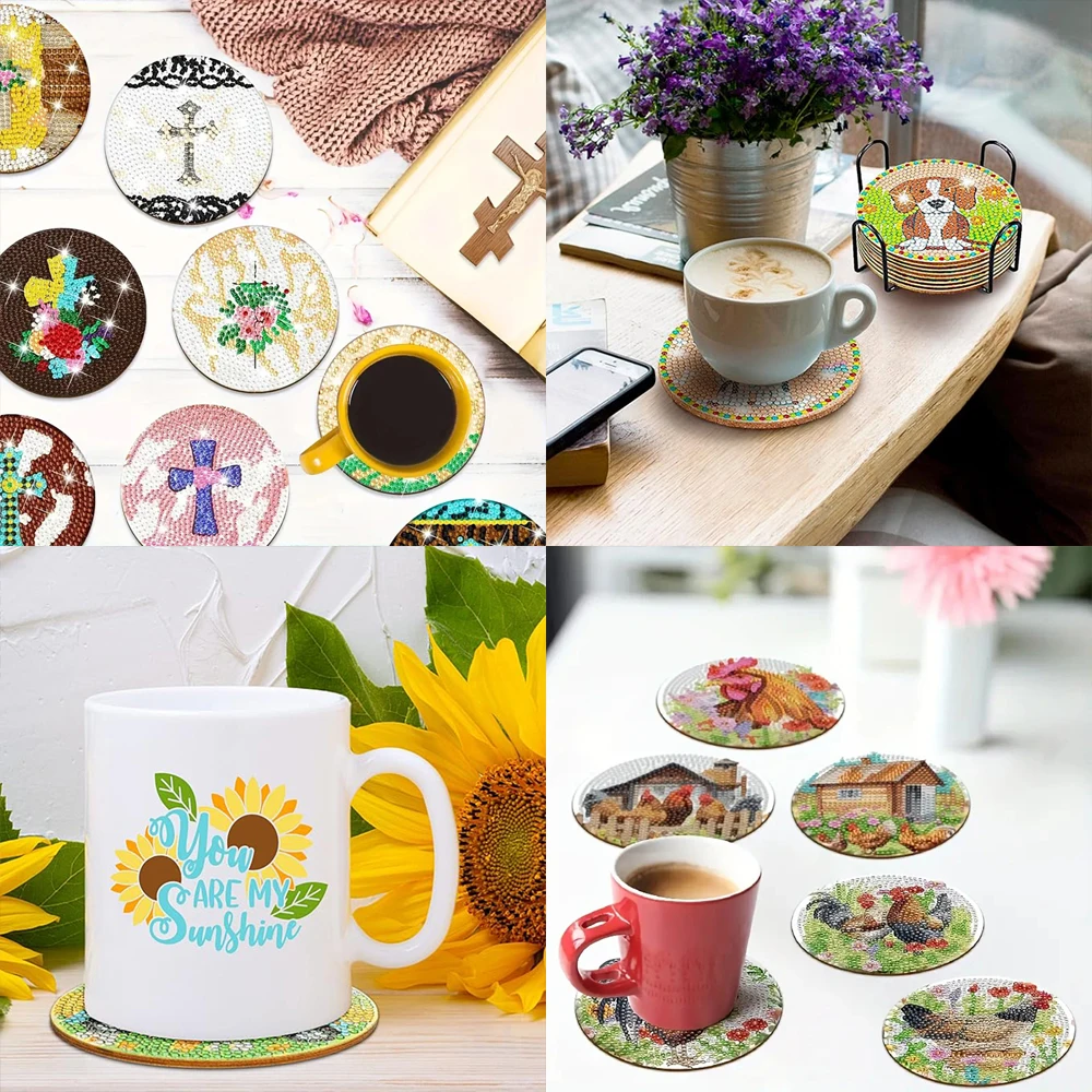 8 pieces/set of diamond painted coasters set acrylic coasters (with bracket) - DIY diamond art craft kit for home decoration, be - Image 2