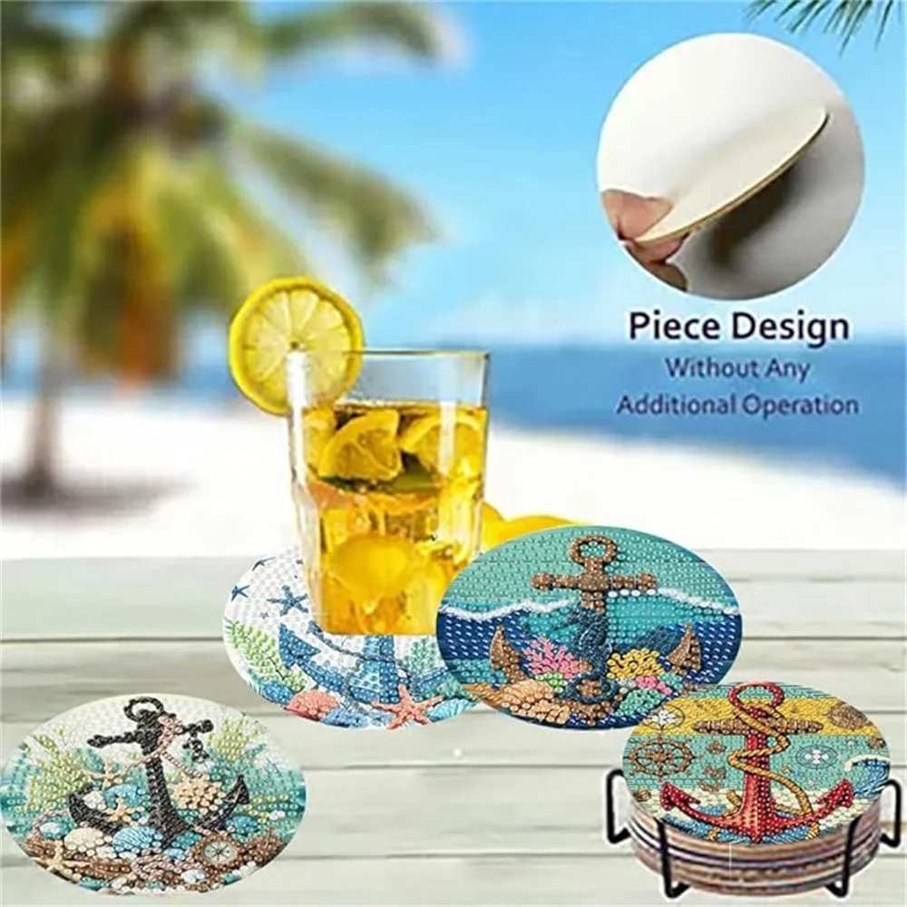 8 pieces/set of seaside scenery pattern diamond painted coaster set sparkling rhinestone heat-resistant beverage mat with bracke - Image 2