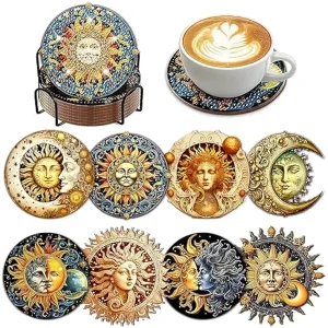 8 pieces/set Sun God pattern diamond painted coaster set with holder DIY coaster beginner coaster, craft supplies gift