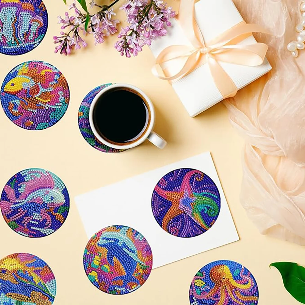 8 pieces/set of marine life diamond painted coaster set, sparkling water diamond heat-resistant beverage coaster with stand DIY - Image 2