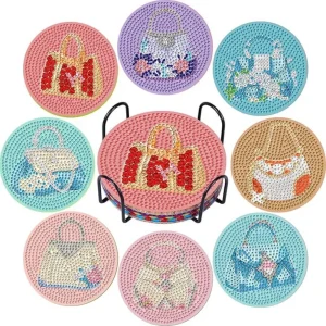 8 pieces/set of stone art painting coasters with brackets, DIY women's bag pattern diamond art coasters, suitable for adults and