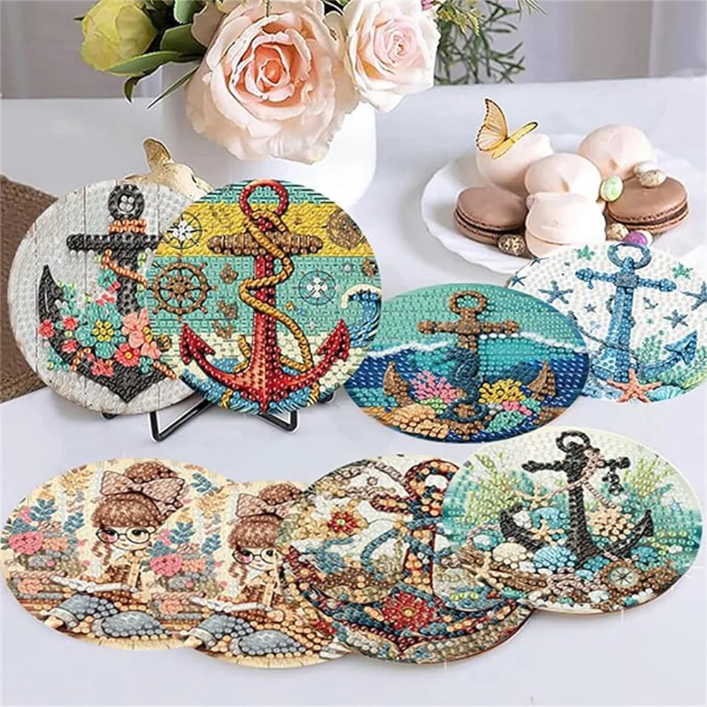 8 pieces/set of seaside scenery pattern diamond painted coaster set sparkling rhinestone heat-resistant beverage mat with bracke - Image 5