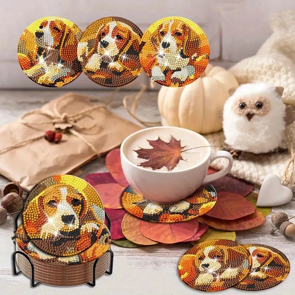8 pieces/set of animal puppy diamond painting coaster set, DIY coaster with holder for beginners, art and craft gift - Image 6